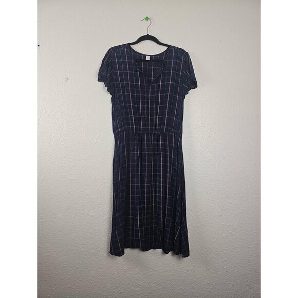 Old Navy Blue Plaid Knee Length Dress Short Sleeve Flutter Size Large - Picture 1 of 6